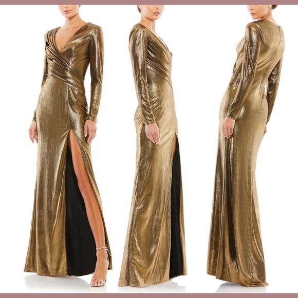 NWT IEENA Mac Duggal [ 8 ] Gold Metallic Long Sleeve Asymmetrical Gown Gold